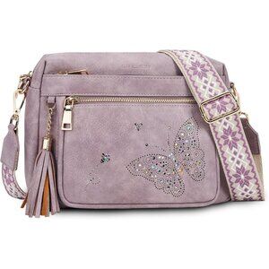 Women’s 01-purple Leather Purse Crossbody Bag Handbags Butterfly Design